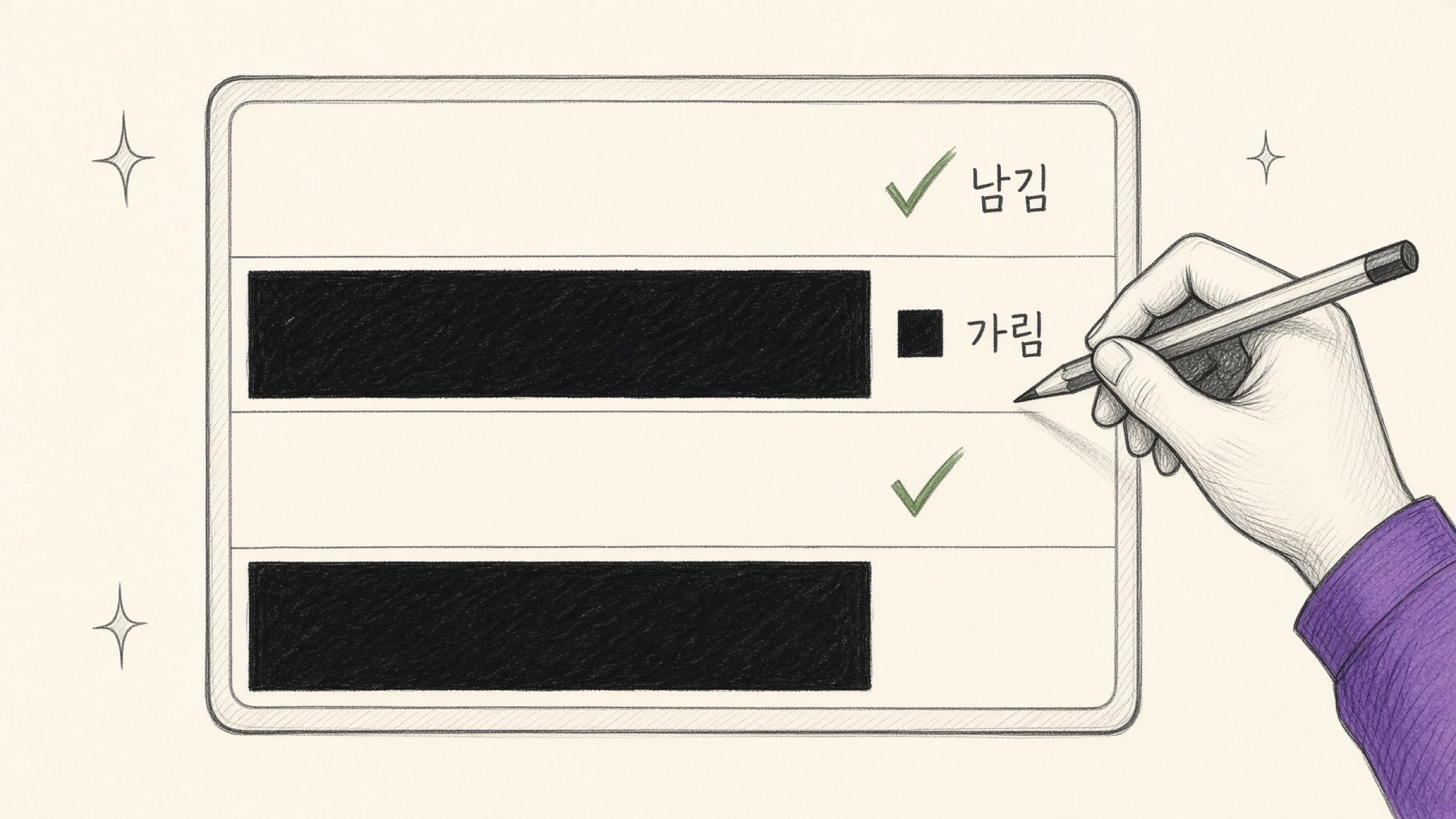 신분증 그림 위에 이름과 생년월일 칸에는 체크 표시가, 주민등록번호 뒷자리와 주소 칸에는 검은 박스가 덮여 있는 손그림 일러스트