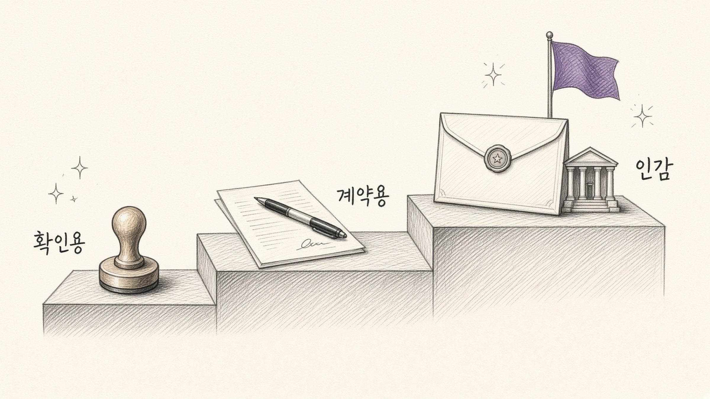 세 칸으로 나뉜 손그림 계단. 아래부터 확인용 도장, 계약서 날인, 인감 등록 순으로 올라가며 각 칸에 필요한 준비물이 그려져 있는 일러스트